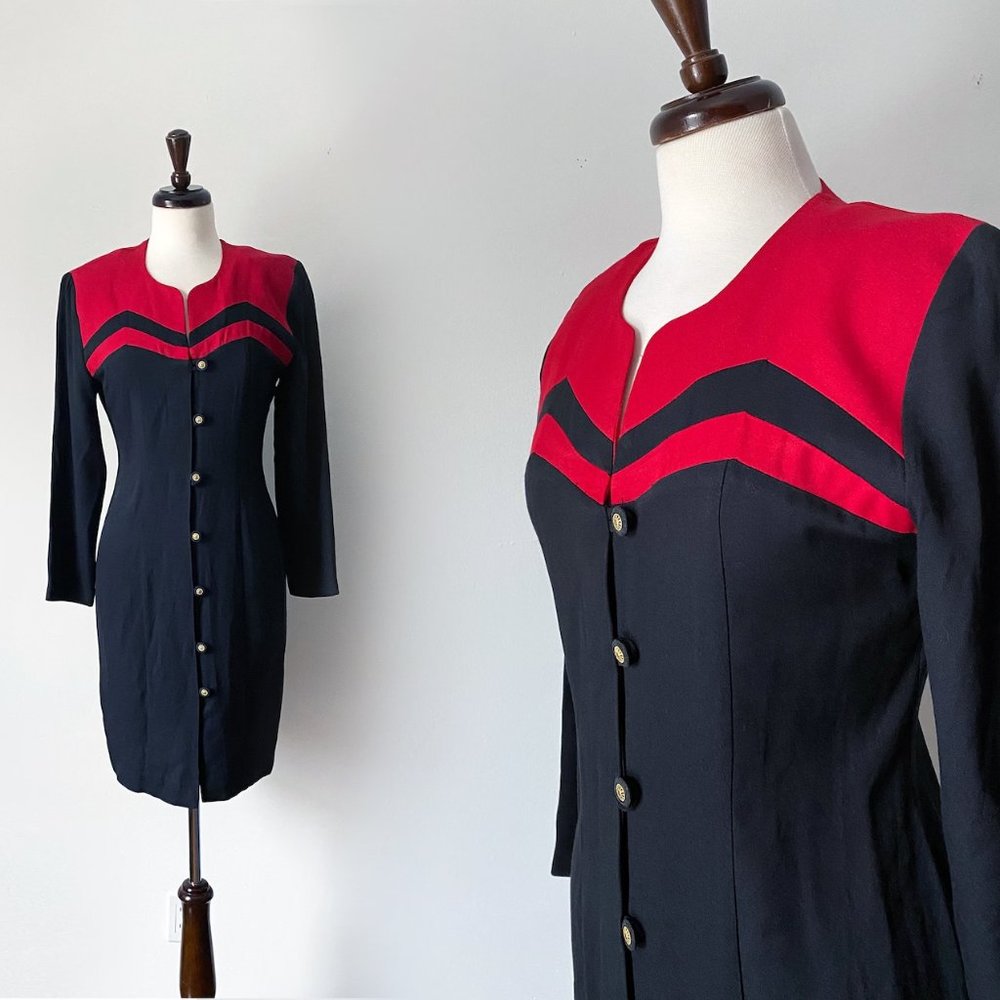 Vintage 80s Black and Red Pencil Dress • Size S